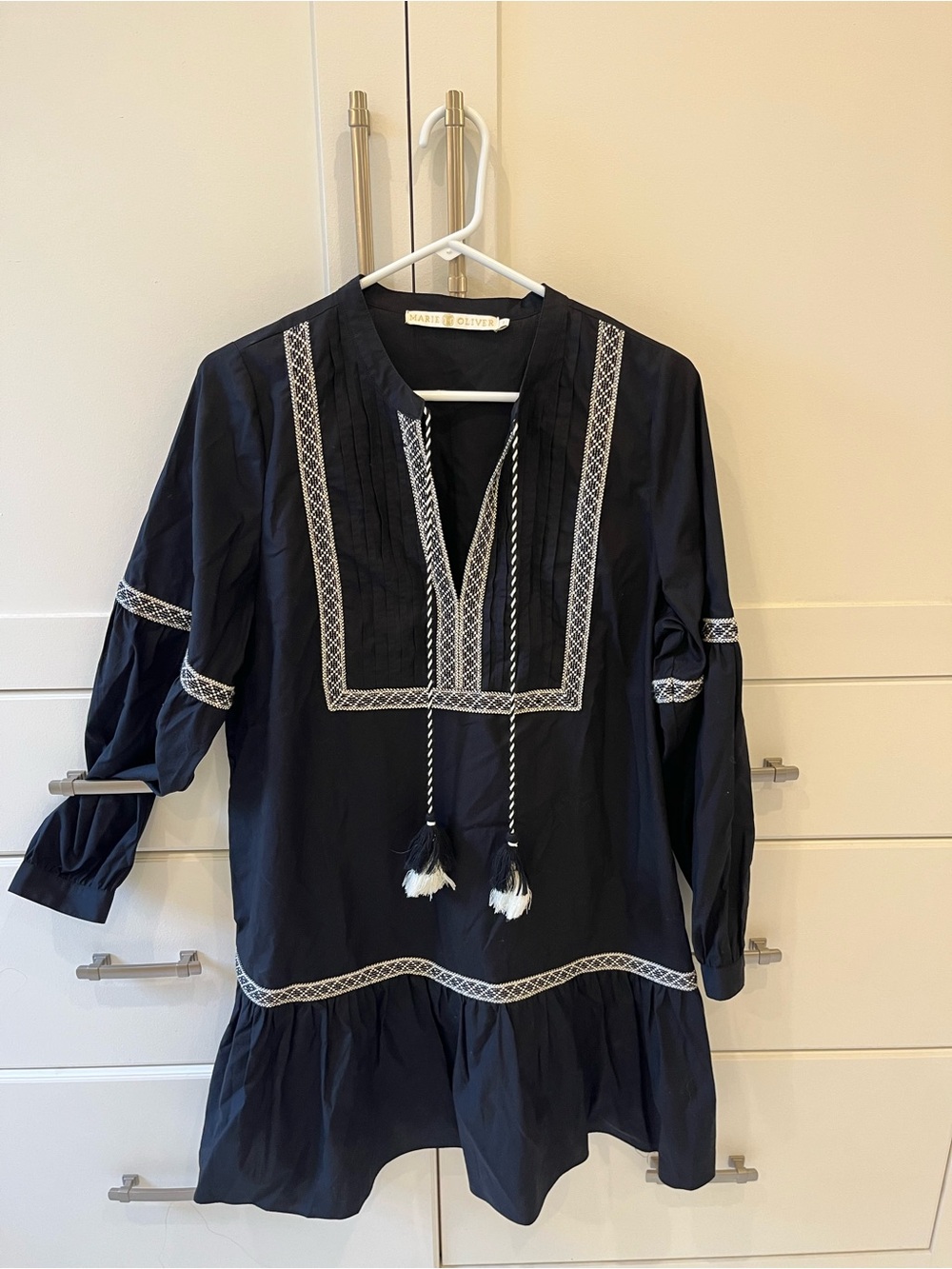 Marie Oliver black Tunic Dress with White Embroidery and ruffled hem